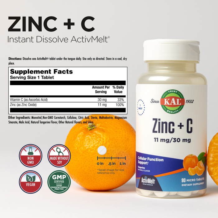 KAL Zinc Plus C, Instant Dissolve Vitamin C and Zinc, Cellular Function and Immune Support, Optimal Absorption, Natural Tangerine Flavor, 60-Day Money-Back Guarantee, 90 Servings, 90 Micro Tablets