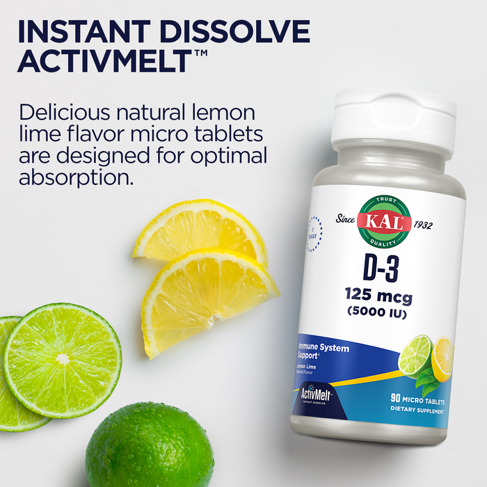 KAL Vitamin D-3 5000 IU | Natural Lemon Lime ActivMelt Micro Tablets | Healthy Immune Function & Bone Support | 90 Ct