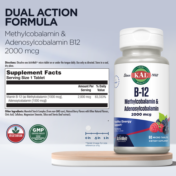 KAL B-12 Methylcobalamin & Adenosylcobalamin ActivMelt 2000 mcg | Natural Mixed Berry Flavor | Biologically Active Forms of B12 | 60 Micro Tablets