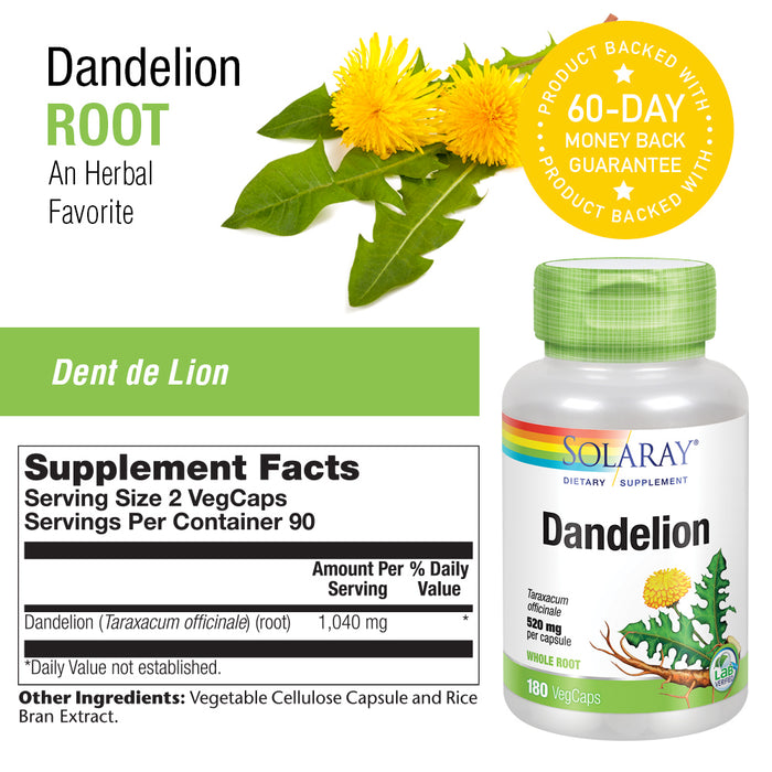 Solaray Dandelion Root 520mg | Healthy Liver, Kidney, Digestion & Water Balance Support | Whole Root | 180 VegCaps