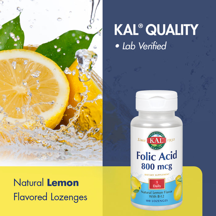 KAL Folic Acid & B-12 Lozenges | Natural Lemon Flavor | Healthy Support for Pregnant Women & Normal Blood Cells | Lab Verified | 100 Lozenges