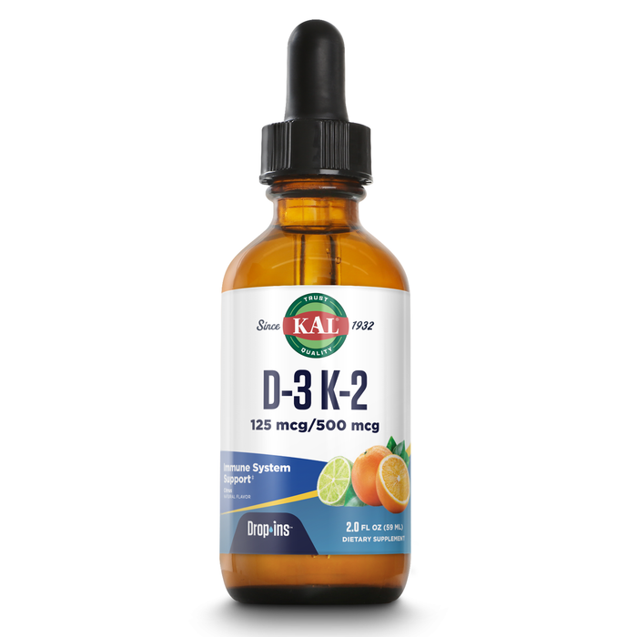 KAL D3 K2 DropIns 125 mcg / 500 mcg Liquid Vitamin D3 K2 Drops, Bone Health, Heart Health and Immune Support Supplement, Natural Citrus Flavor, 60-Day Money Back Guarantee, Approx. 59 Serv, 2 FL OZ