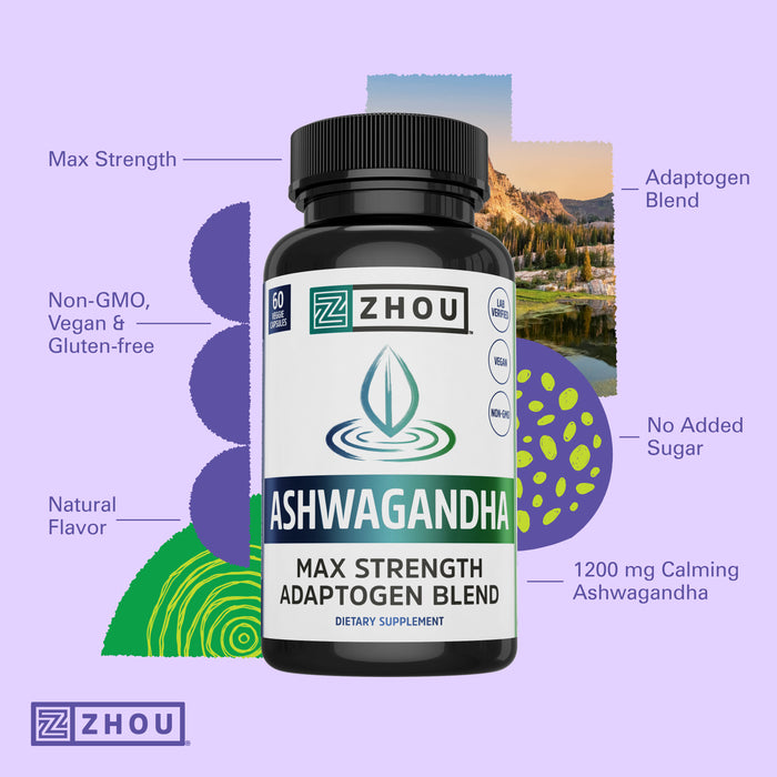 Zhou Nutrition Ashwagandha Capsules, Blend of Rhodiola, Holy Basil, Cordyceps, Reishi & Ashwagandha Supplement, 30 Servings, 60 Capsules