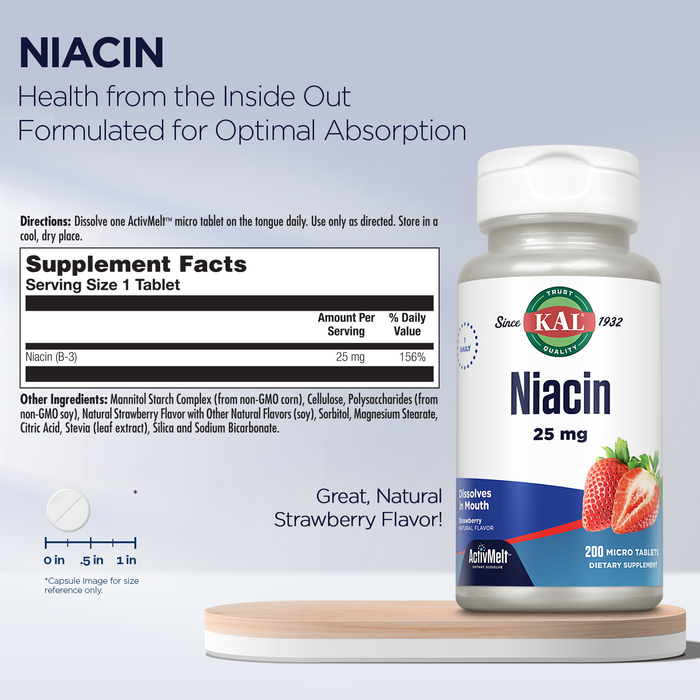 KAL Niacin 25mg ActivMelt, Once Daily Vitamin B3 Supplement, Energy Metabolism, Skin, Nerve & Digestive Health Support, Enhanced Absorption, Natural Strawberry Flavor, 200 Servings, 200 Micro Tablets