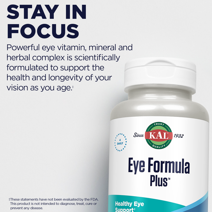 KAL Eye Formula Plus, Eye Care and Vision Supplements for Adults, with Eye Vitamins Lutein and Zeaxanthin, Plus Bilberry Extract, Goji and Blueberry Extract, 60-Day Guarantee, 15 Servings, 60 Tablets