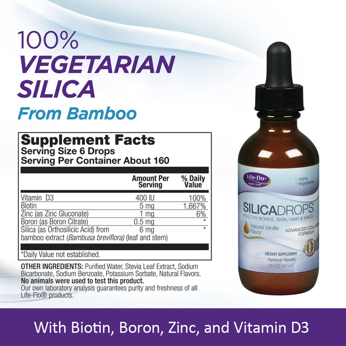 Life-flo Silica Drops | Vanilla Taste | For Hair, Skin, Nails, Healthy Bones & Joints Support | With Biotin, Boron, Zinc & Vitamin D3 | 2 fl oz