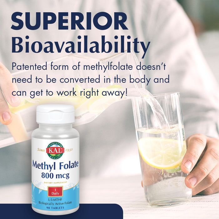 KAL Methyl Folate 800 mcg DFE, 5-MTHF Active Form Vitamin B9, Folic Acid Supplement, Heart Health, Prenatal, Mood and Brain Support, Fast Dissolving ActivTab, 60-Day Guarantee, 90 Servings, 90 Tablets