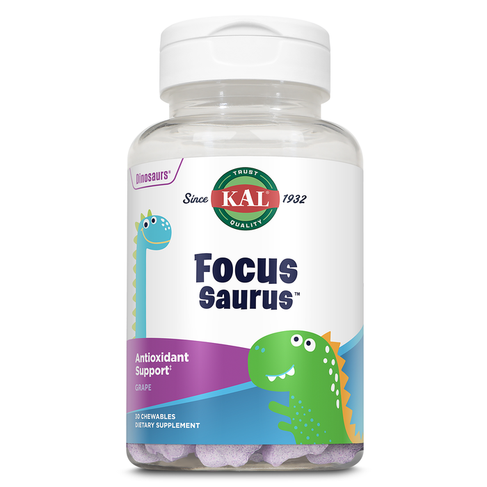 KAL Focus Saurus Chewables - GABA and Antioxidant Focus Supplement for Kids - Vitamin C, Green Tea, B Vitamins, Amino Acids, Fun Dinosaur Shapes, Gluten Free, 60-Day Guarantee, 30 Serv, 30 Grape Chews