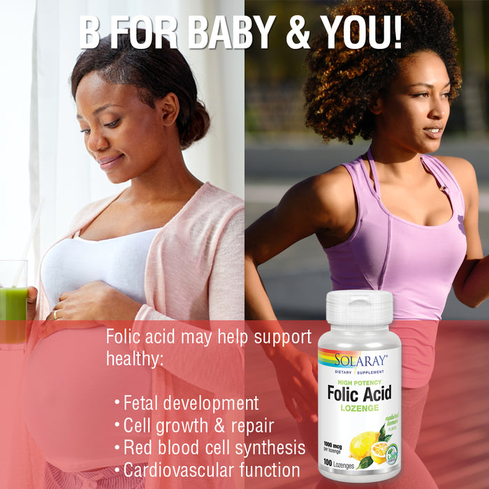 Solaray High Potency Folic Acid Lozenge 1000 mcg | Healthy Prenatal Support & More | Natural Lemon Flavor | 100 Lozenges