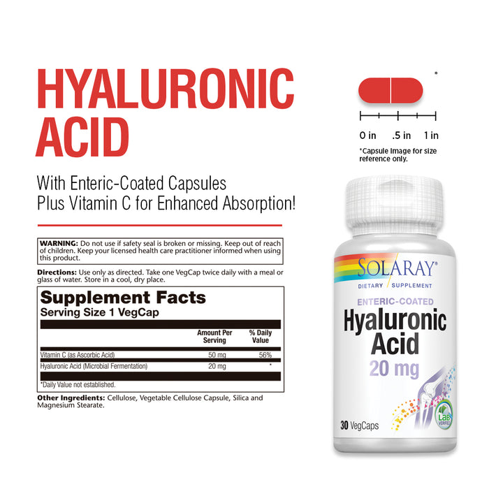 Solaray Hyaluronic Acid | Helps Support Healthy Joint Comfort and Skin Health | With Vitamin C | 30 VegCaps