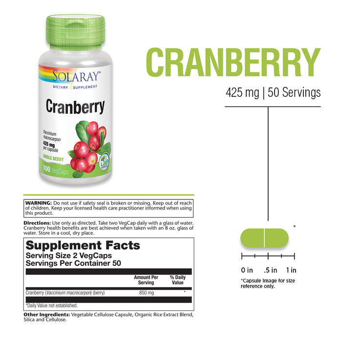 Solaray Cranberry Berry 850 mg | Healthy Urinary Tract and Cardiovascular Function Support | 50 Servings | 100 VegCaps