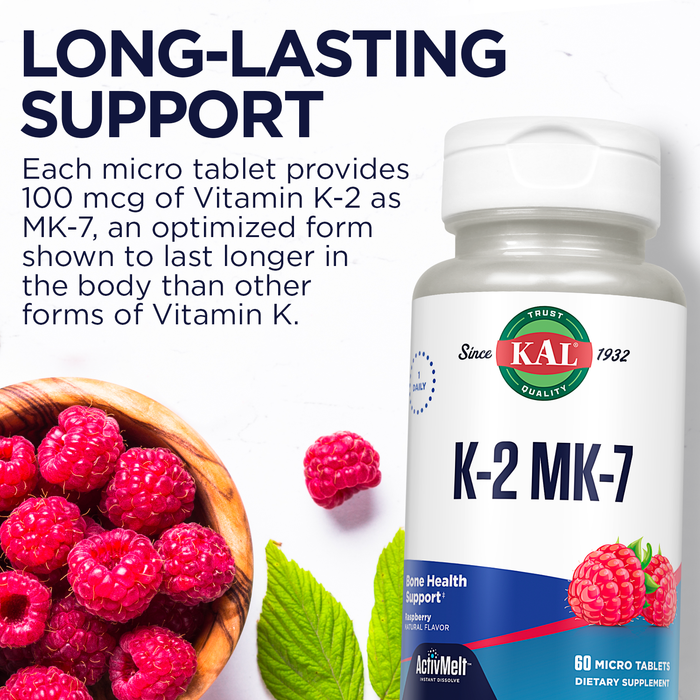 KAL Vitamin K2 MK7 ActivMelt 100 mcg, Vitamin K Supplement as Superior K2 MK7, Bone Health, Heart and Artery Health Support, Natural Raspberry Flavor, Vegan, Gluten Free, 60 Servings, 60 Micro Tablets