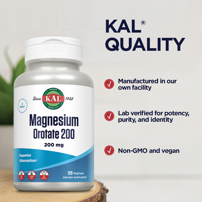 KAL Magnesium Orotate 200 mg For Nerve, Muscle, Heart, Relaxation Support Enhanced Bioavailability 30 Servings, 120 VegCaps