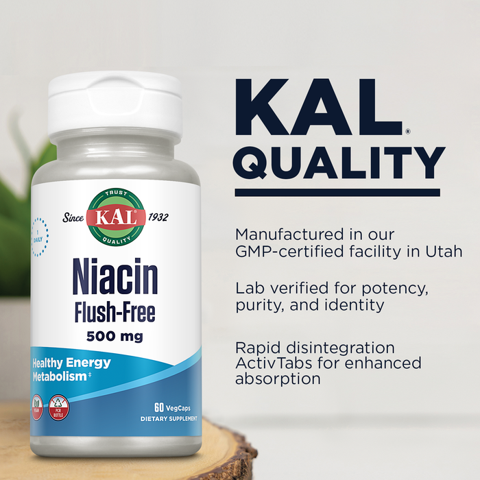 KAL Niacin 500mg Flush Free - Vitamin B3 Supplement - Metabolism and Energy Support - Skin, Nerve, Digestive Health and Circulation Support - Vegan Vitamin, 60-Day Guarantee, 60 Servings, 60 VegCaps