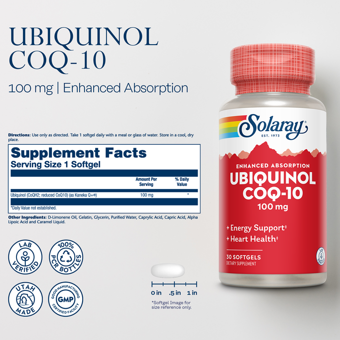 Solaray Ubiquinol CoQ-10 100 mg - CoQH2, Reduced CoQ10 for Enhanced Absorption - Energy and Heart Health Support - 60-Day Guarantee - 30 Servings, 30 Softgels