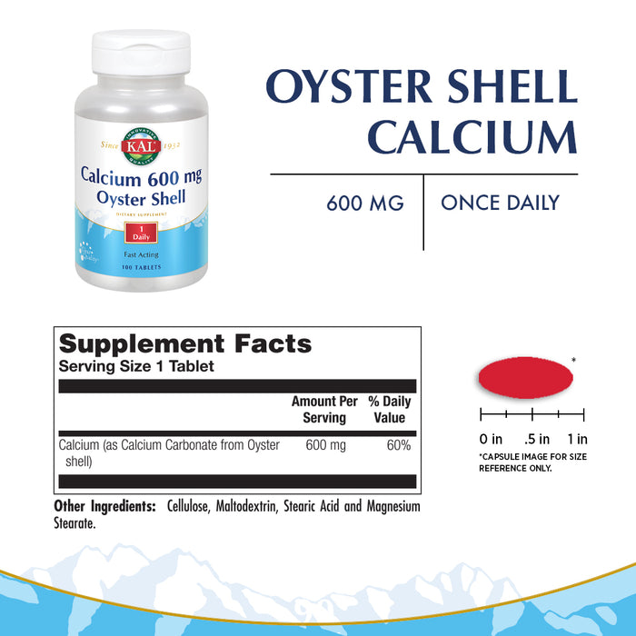 KAL Calcium Oyster Shell 600 mg | Healthy Bones, Teeth, Nerve & Muscle Function Support | One Daily | 100 Tablets