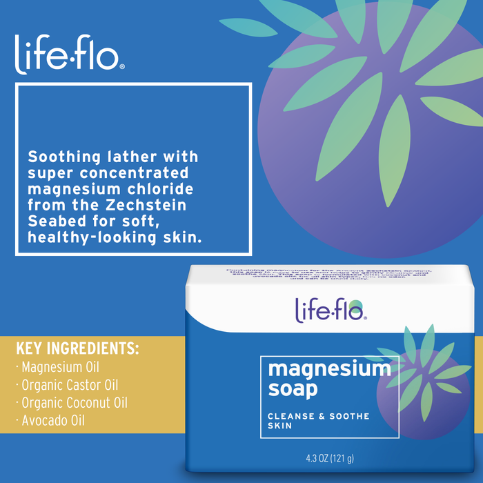 Life-flo Magnesium Bar Soap, Moisturizing Body and Hand Soap with Magnesium Chloride from the Zechstein Seabed Plus Avocado and Organic Coconut Oil, Soothing and Balancing, 60-Day Guarantee, 4.3oz