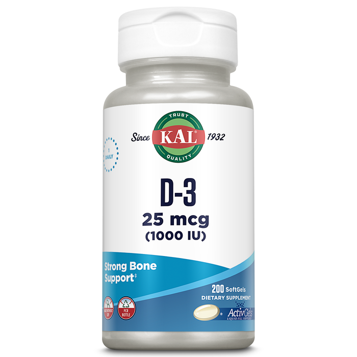 KAL Vitamin D3 1000 IU Softgels (25 mcg), Active Form of Vitamin D, Calcium Absorption, Bone Health, Immune Support Supplement, Liquid Filled ActivGel, Made Without Soy, 200 Servings, 200 Softgels