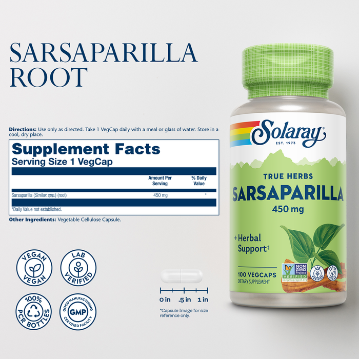 Solaray Sarsaparilla Root 450 mg - Traditional Herbal Support - Non-GMO, Vegan, Lab Verified - 60-Day Money-Back Guarantee - 100 Servings, 100 VegCaps