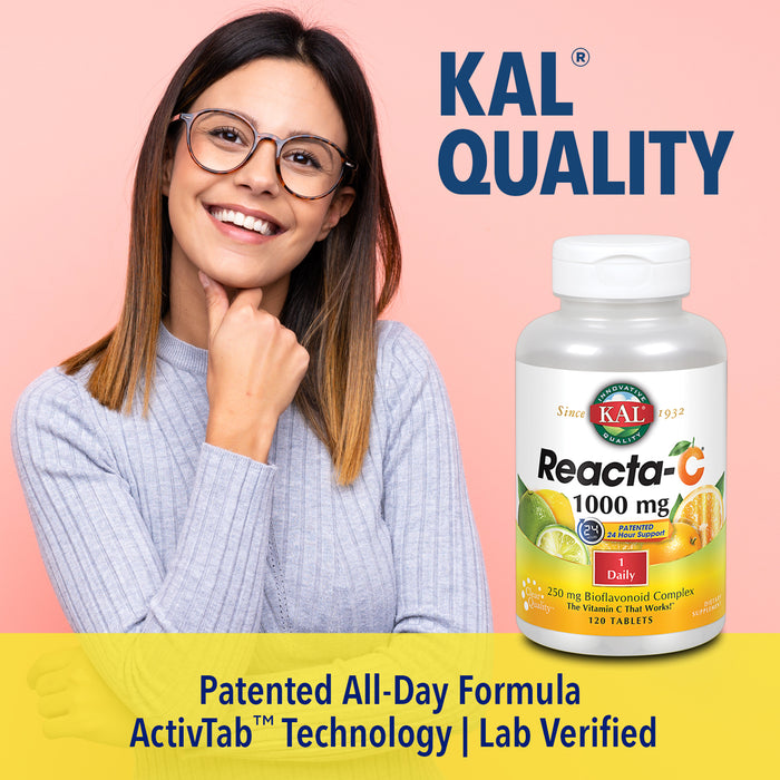 KAL Reacta-C Vitamin C 1000mg with Bioflavonoids | Patented All Day Immune Support | Non-Acidic | 120 Tablets, 120 Serv.