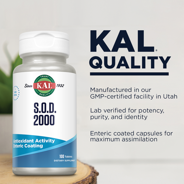 KAL S.O.D. 2000 Antioxidant Supplement - Beef Liver Source - Enteric Coated for Maximum Assimilation - Lab Verified - GMP Facility - 60 Day Guarantee - 100 Servings, 100 Tablets