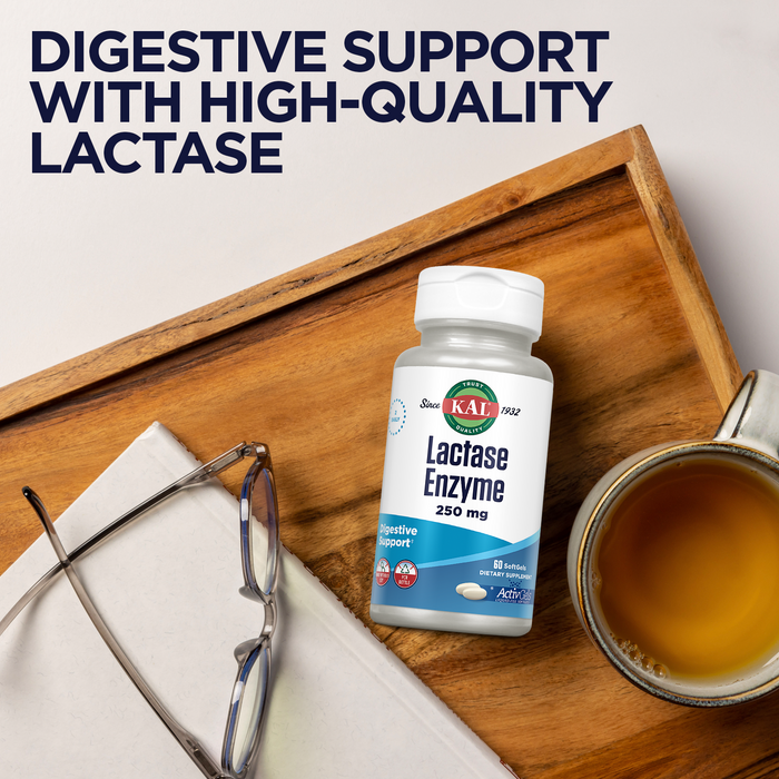 KAL Lactase Enzyme 250 mg, Healthy Digestion Support for Lactose Intolerance, Liquid-Filled ActivGels Made Without Soy, 250 FCC Units, 30 Servings, 60 SoftGels