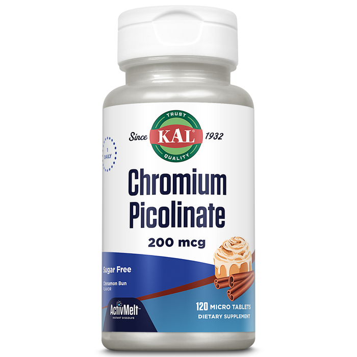 KAL Chromium Picolinate 200mcg Supplement, Fast Dissolving ActivMelts for Enhanced Absorption, Vegetarian, Cinnamon Bun Flavor, 120 Servings, 120 Micro Tablets