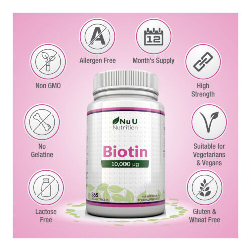 Biotin Hair Growth Supplement 365 Tablets (Full Year Supply) 10,000mcg by Nu U