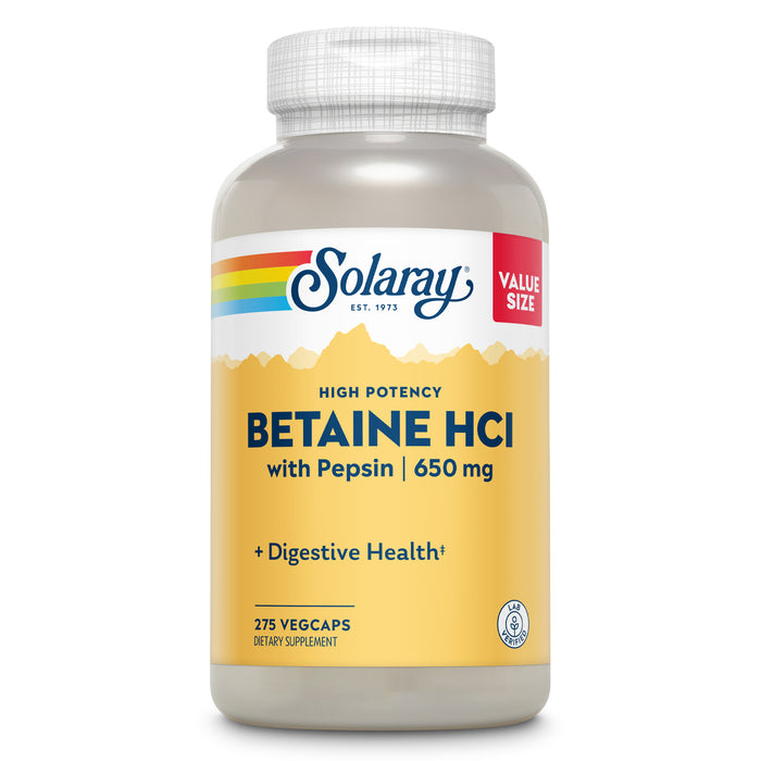 Solaray High Potency Betaine HCL with Pepsin - Hydrochloric Acid Supplement for Digestive Health - with Betaine Hydrochloride and Digestive Enzymes - Gut Health Support - 60-Day Guarantee, 275 VegCaps (275 Servings, 275 Veg Caps)