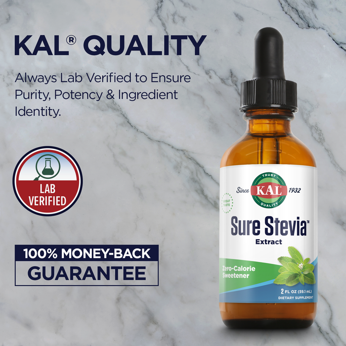 KAL Sure Stevia Drops,  Low Carb, Zero Calorie Sweetener, Keto Friendly, Great Tasting Liquid Stevia, Low Glycemic, 60-Day Money Back Guarantee (Unflavored)