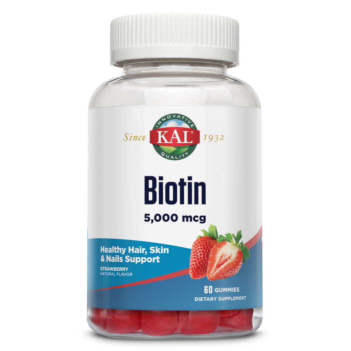 KAL Biotin Gummies 5,000 mcg, Healthy Hair Skin and Nails Vitamins, Vegetarian Biotin Supplement, Delicious Natural Strawberry Flavor, Gluten Free, 30 Servings, 60 Gummies