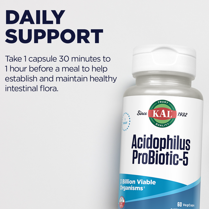 KAL Acidophilus ProBiotic 5, 3 Billion CFUs, Live Culture Probiotics for Women and Men, Five Probiotic Strains for Gut Health Support, Freeze Dried, 60-Day Guarantee, 100 Servings, 100 VegCaps