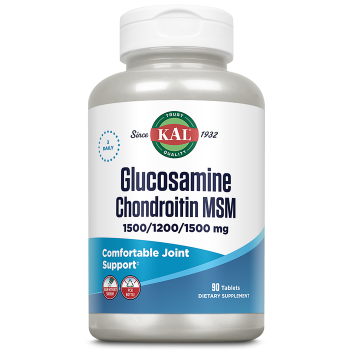 KAL Glucosamine Chondroitin MSM, Joint Support Supplement for Women and Men, 1500mg Glucosamine Sulfate, 1200mg Chondroitin, 1500mg MSM, Rapid Disintegration, 60-Day Guarantee, 30 Servings, 90 Tablets