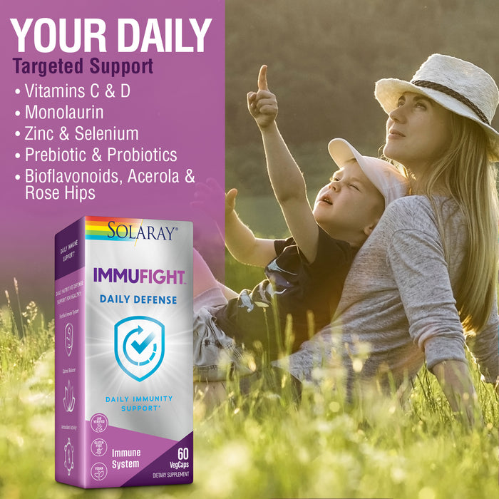 Solaray Immufight Daily Defense - Immune Support Supplement - Vitamin C, Organic Vitamin D, Zinc, Monolaurin, Probiotics - Antioxidant Activity and Optimal Balance - Vegan - 30 Servings, 60 VegCaps