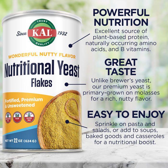 KAL Nutritional Yeast Flakes, Fortified with B12, Folic Acid & Other B Vitamins, Unsweetened, Great Nutty Flavor, Vegan & Gluten Free, 60-Day Money Back Guarantee, Made in the USA (62 Servings, 22oz)