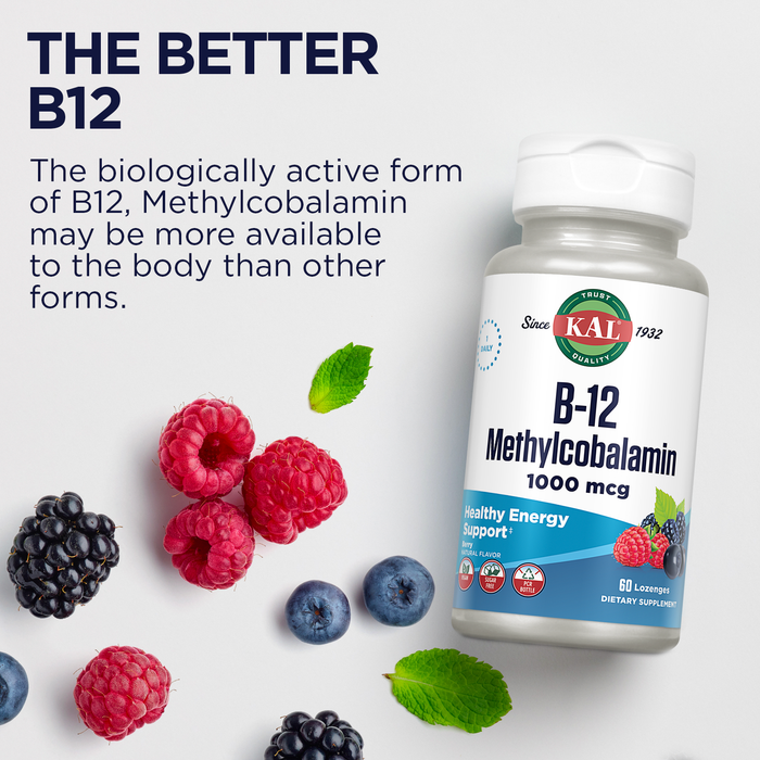 KAL B-12 Methylcobalamin 1000 mcg Micro Lozenges | Natural Berry Flavor | Healthy Metabolism, Energy, Nerve & Red Blood Cell Support | 60 Lozenge