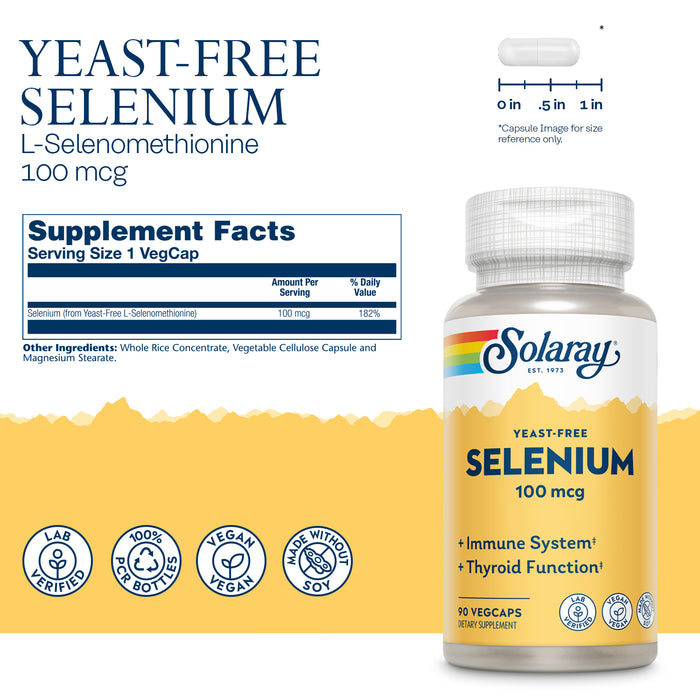 Solaray Yeast Free Selenium 100mcg, Healthy Immune & Thyroid Function Support, Enhanced Absorption, 90 Serv, 90 VegCaps