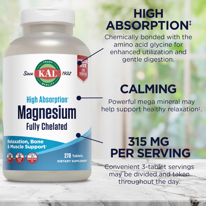 KAL Magnesium Glycinate 315mg, Fully Chelated, High Absorption Magnesium Supplement for Stress, Relaxation, Muscle & Bone Health Support, Vegan, Gluten Free, Value Size, 90 Servings, 270 Tablets