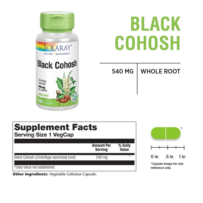 Solaray Black Cohosh 540 mg | Womens Health & Menopause Support Supplement | Whole Root | Non-GMO, Vegan & Lab Verified | 100 VegCaps