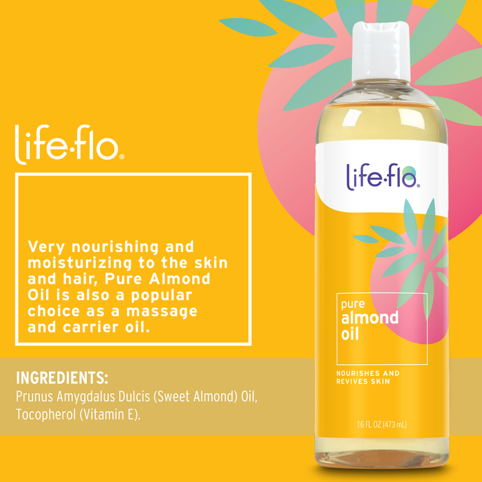 Life-flo Pure Almond Oil, Sweet Almond Oil for Skin Care, Hair Care and Massage, Aromatherapy Carrier Oil, Revitalizing and Moisturizing, No Fillers, 60-Day Guarantee, Not Tested on Animals, 16oz