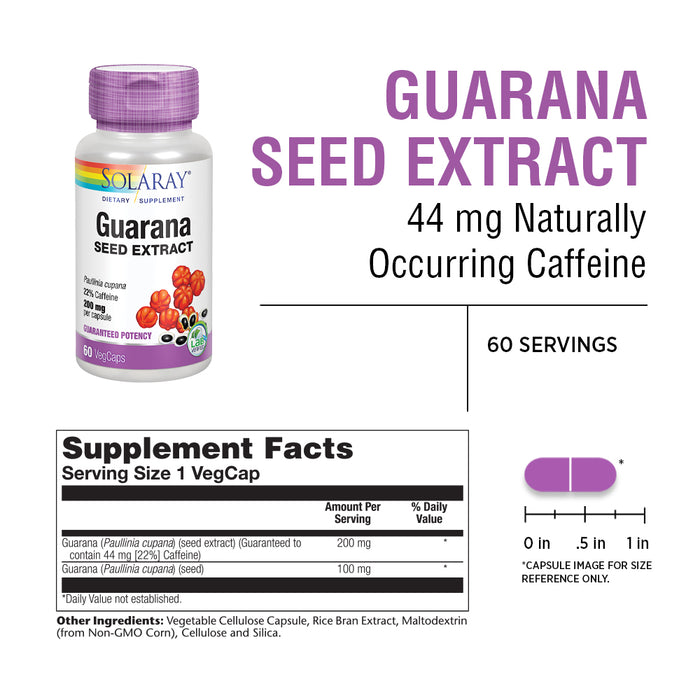 Solaray Guarana Seed Extract 300mg | 44 mg of Caffeine | Healthy Energy, Focus, Memory & Metabolism Support | 60 VegCaps