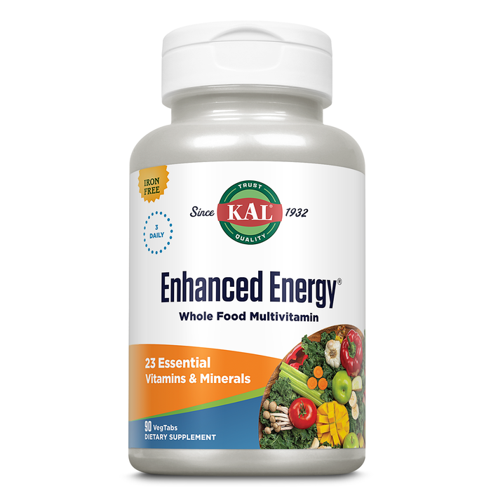 KAL Enhanced Energy Supplements, 3 Daily - Whole Food Multivitamin for Women and Men, Iron Free - 23 Essential Vitamins, Minerals, Super Foods, Digestive Enzymes, 60-Day Guarantee, 30 Serv, 90 VegTabs