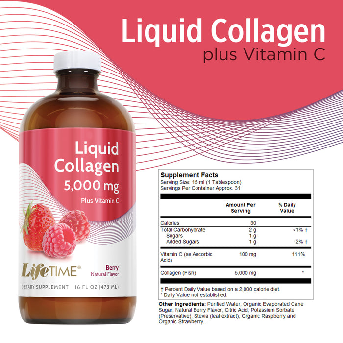 LifeTime Liquid Collagen 5000mg w/ Vitamin C | Supports Skin, Hair, Joint & Bone Health | Berry Flavor | 16oz, 31 Serv