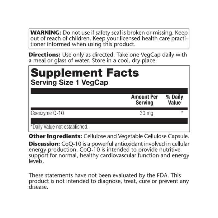 Solaray Pure CoQ-10 30 mg | Health Heart Function & Cellular Energy Support | Non-GMO, Vegan & Lab Verified for Purity | 30 VegCaps