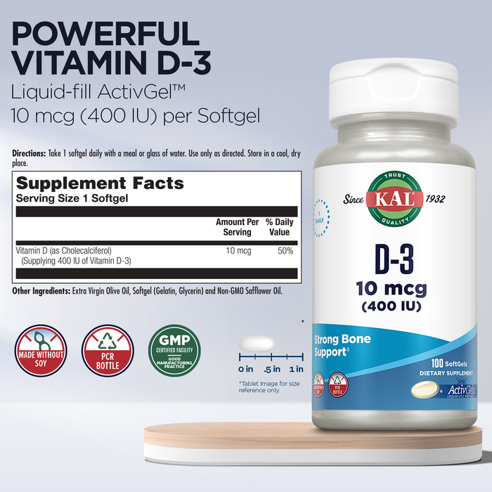 KAL Vitamin D3 400 IU Softgels (10 mcg), Active Form of Vitamin D, Calcium Absorption, Bone Health, Immune Support Supplement, Liquid Filled ActivGel, Made Without Soy, 100 Servings, 100 Softgels