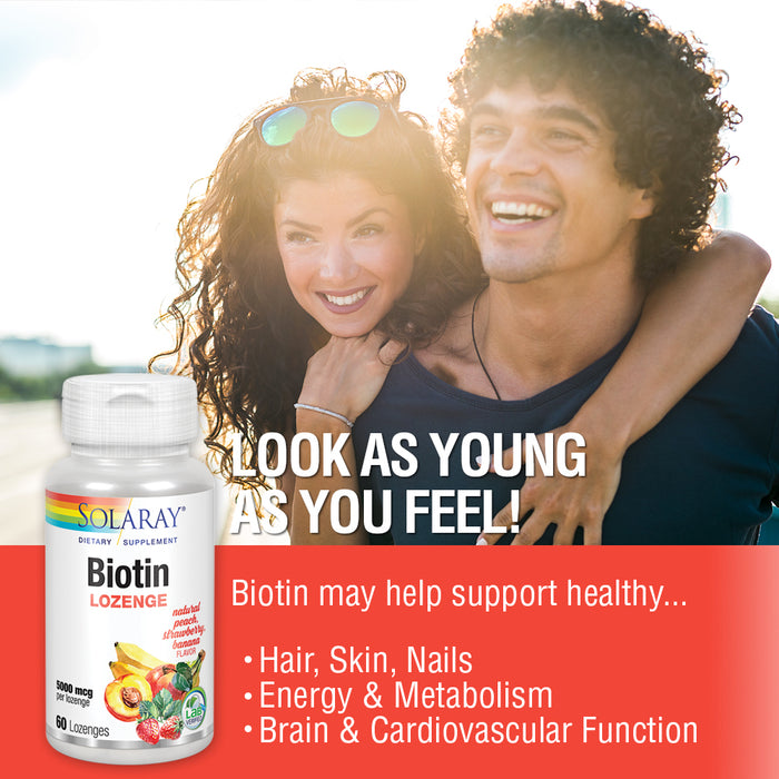 Solaray Biotin 5000 mcg | Natural Peach, Strawberry, Banana Flavor | Healthy Hair, Skin & Nails Support | 60 Lozenges