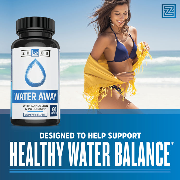 Zhou Water Away Herbal Formula for Healthy Fluid Balance | with Dandelion, Potassium, Green Tea & More | 60 capsules