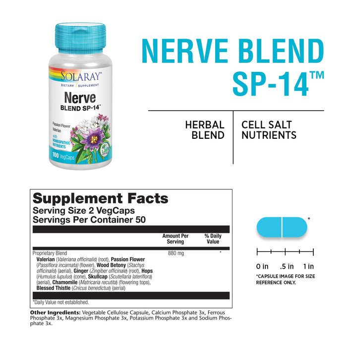 Solaray Nerve Blend SP-14 | Homeopathic Nutrients | Healthy Relaxation, Calming & Sleep Support | 50 Serv | 100 VegCaps