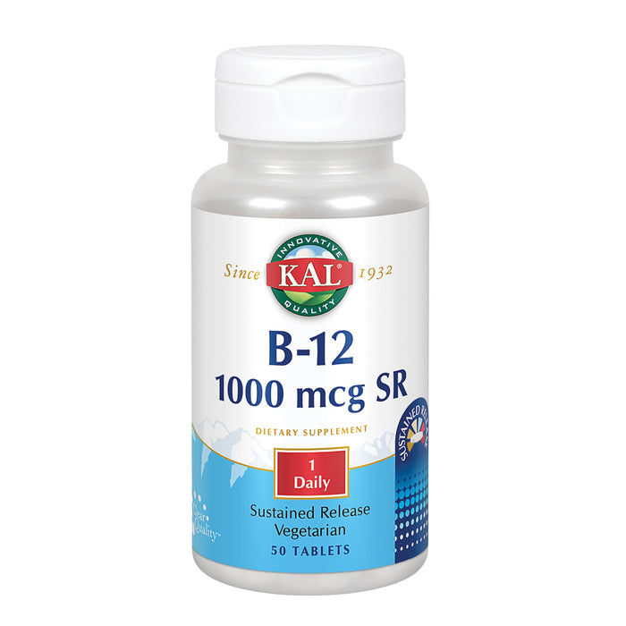 KAL B-12 1000 mcg Sustained Release | Healthy Metabolism, Energy, Nerve & Red Blood Cell Support | Vegetarian | Lab Verified | 50 Tablets