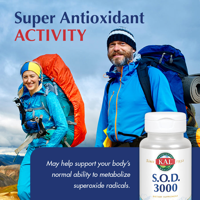 KAL S.O.D. 3000 Antioxidant Supplement 400mg, Superoxide Dismutase (SOD), Beef Liver Source, Super Antioxidant Support, Enteric Coated for Maximum Assimilation, 60-Day Guarantee, 100 Serv, 100 Tablets